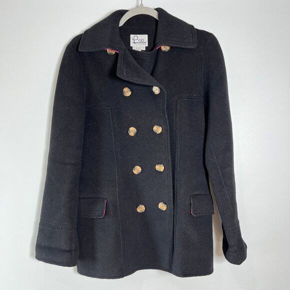 Lilly Pulitzer Wool Pea Coat SIZE Small Black Pink Lining Jacket Pockets - Picture 1 of 12